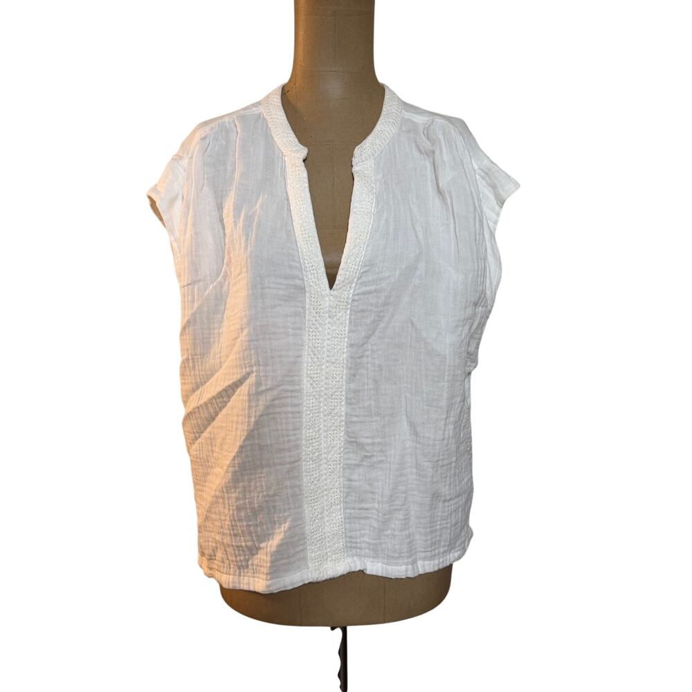 Faherty Blouse 100% White Cotton Gauze Cap Sleeve Embroidered Trim size Medium
